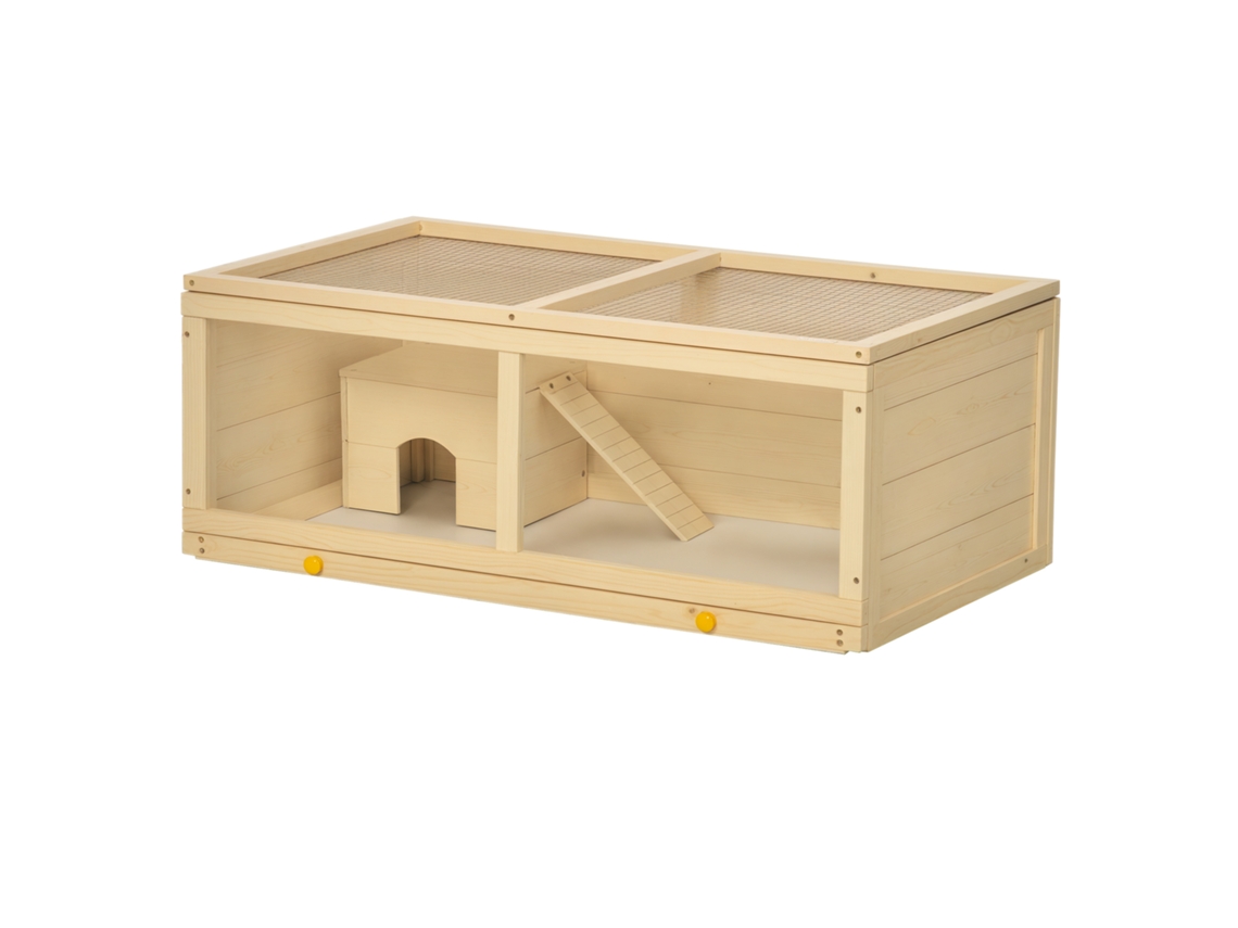 Gaiola de Hamster Feita de Madeira com Teto Dobrável em Painel Acrílico, Bandeja Removível e Cabine 100x58x38 Cm Natural Ge