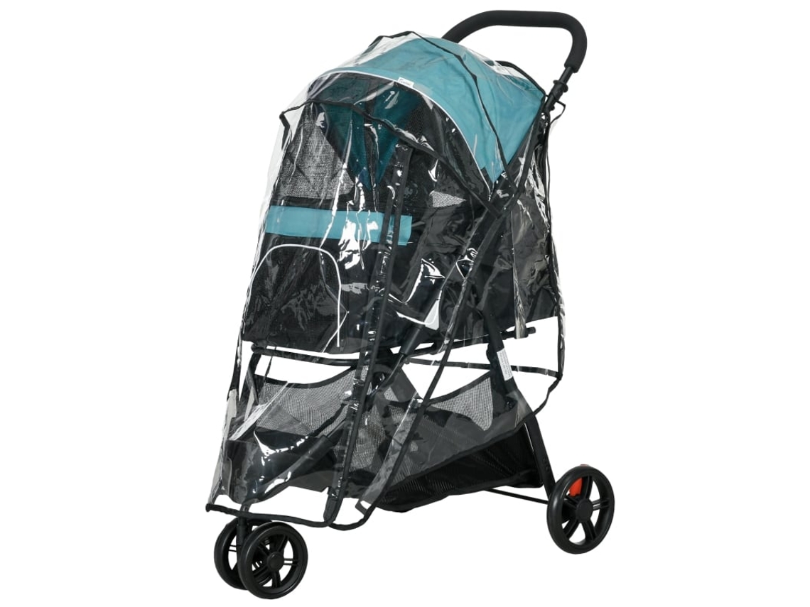 Carrinho para Animais 10kg com Capa de Chuva e Cesto Azul Preto