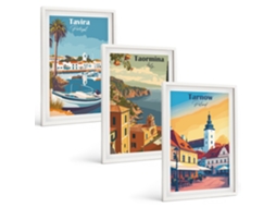 Composição De Quadros Na Parede Vistas De Cidades Costeiras Moldura Branca Imagens Para Um Quarto Infantil Espelharte (3 Piezas De 40x60 Cm)