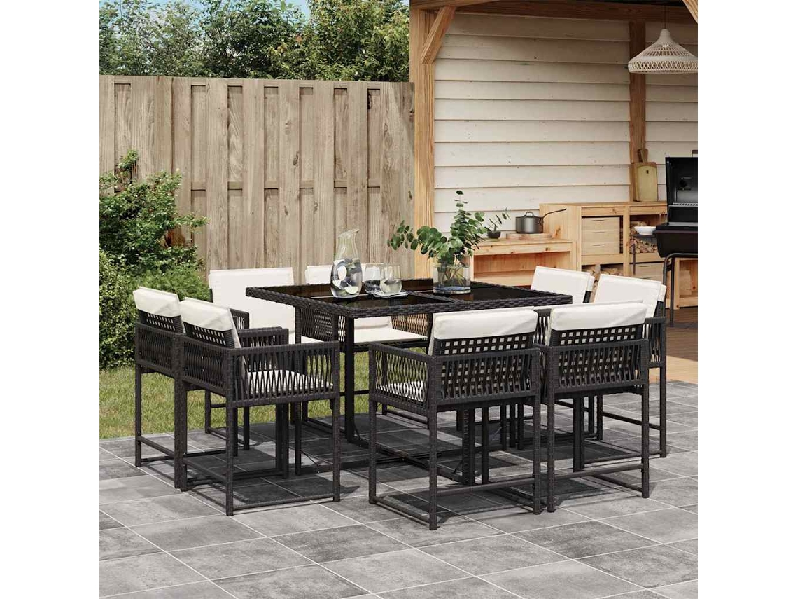 Vidaxl 9 Pcs Conjunto De Jantar P/ Jardim C/ Almofadões Vime Pe Preto