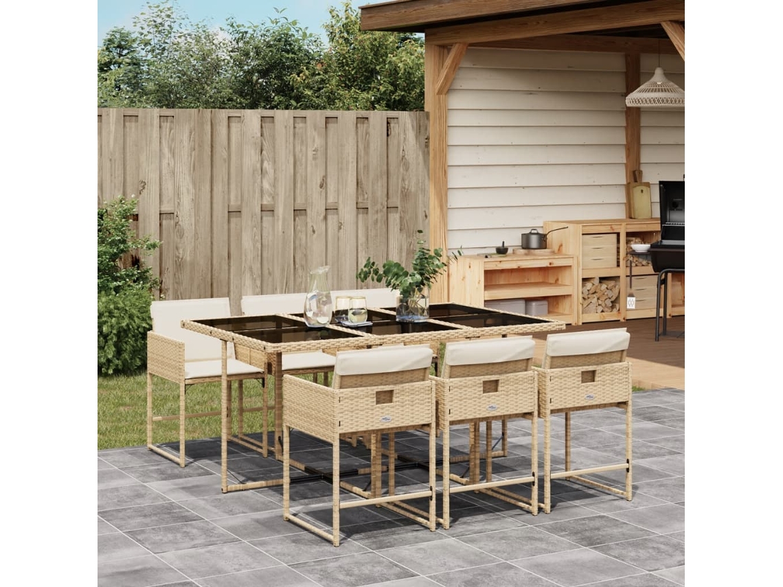 Vidaxl 7 Pcs Conjunto De Jantar P/ Jardim Com Almofadões Vime Pe Bege
