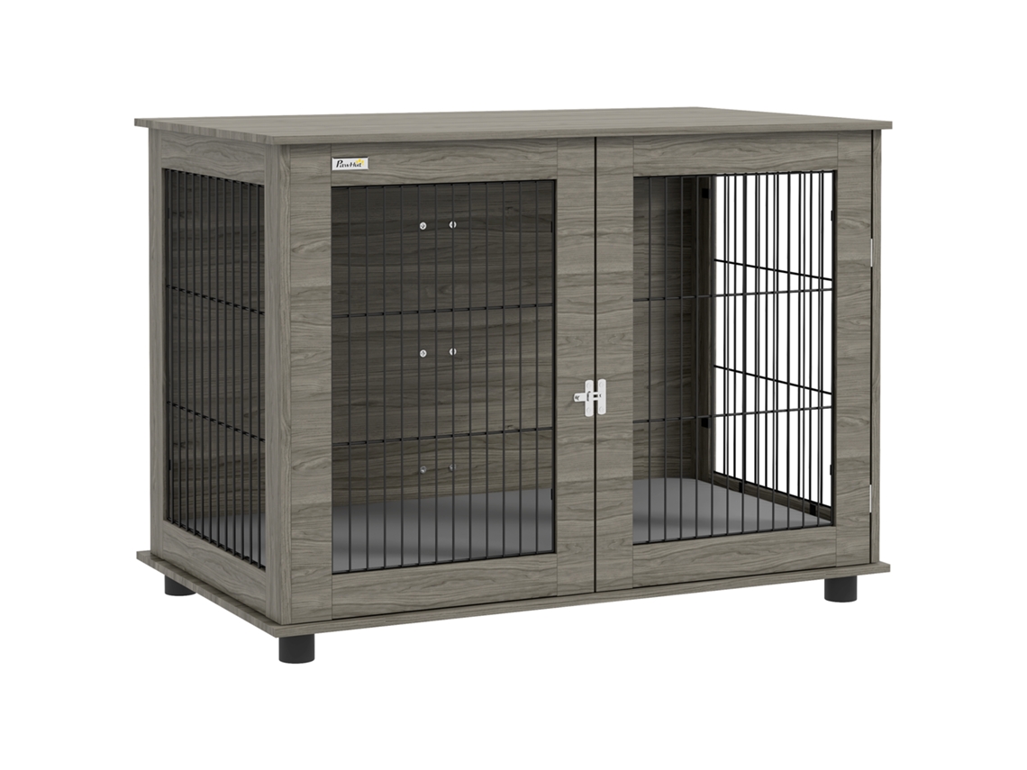 Caixa para Cachorro 2 em 1 Mesa Lateral com Almofada Macia Tampa Removível, Porta Trancável 100 X 60 X 73,5 Cm Cinza Ge