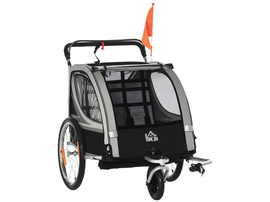 Trailer de Bicicleta Infantil, Carrinho de Empurrar, com Freios, Dobrável, para 2 Crianças, Cinza/preto Ge