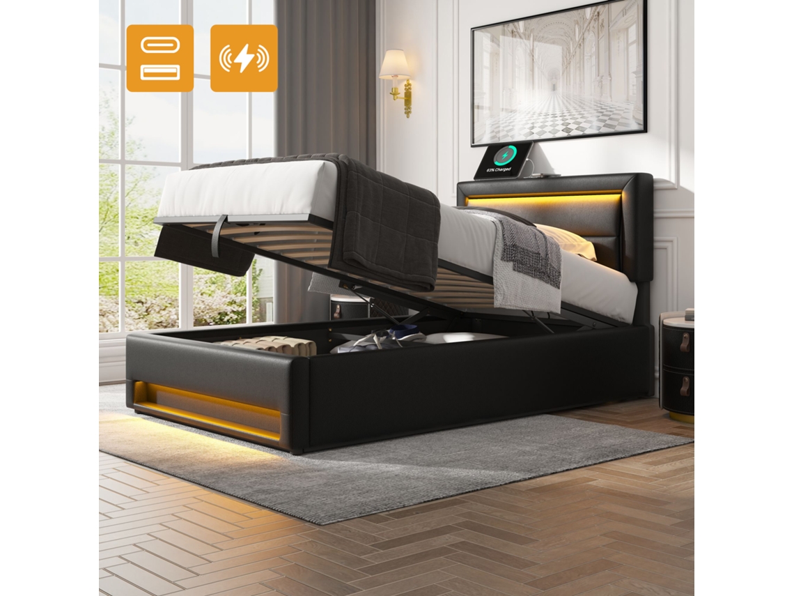 Cama Estofada 90x190 Cm, Preta, Com Usb (carregamento Sem Fio E Com Fio), Iluminação Led E Arrumação, Sem Colchão, Padrão Lichia Pu