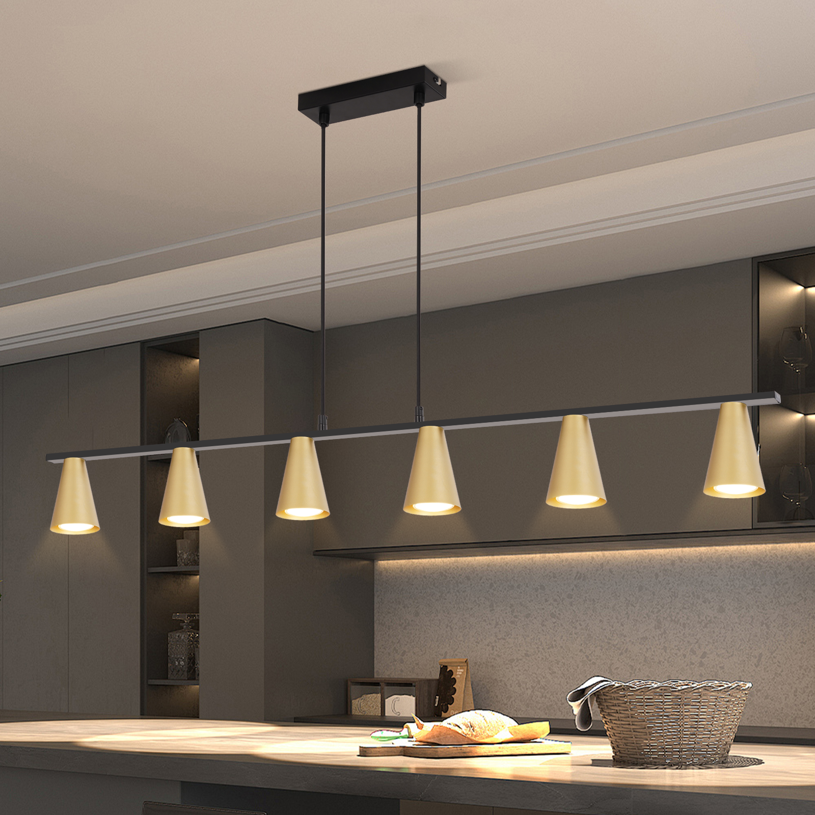 Nettlife Candeeiro Suspenso Para Mesa De Jantar Gu10: Candeeiro Para Sala De Jantar Com 6 Luzesâmpadas Em Metal Dourado Preto Industrial