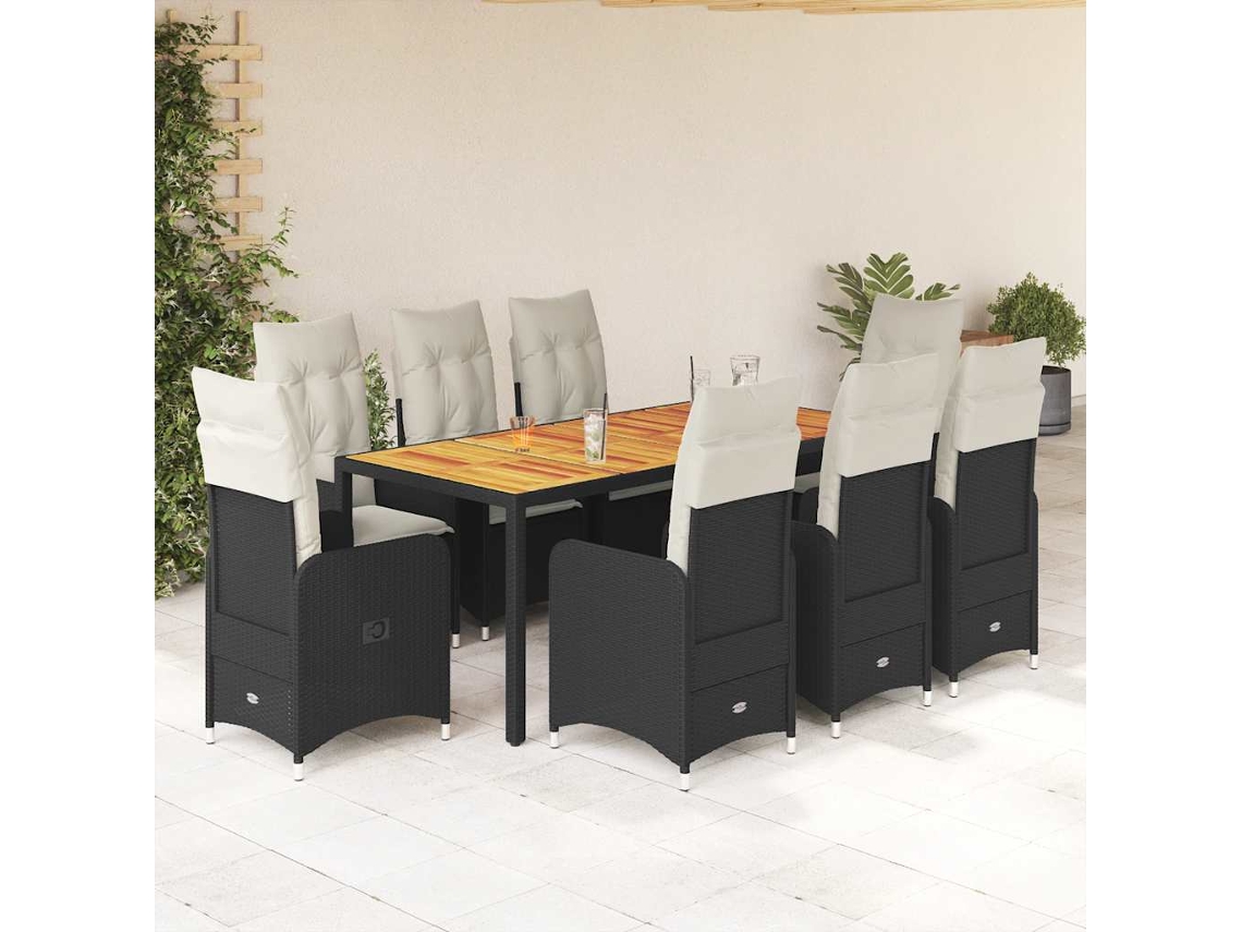 Vidaxl 9 Pcs Conjunto De Bistrô P/ Jardim C/ Almofadões Vime Pe Preto