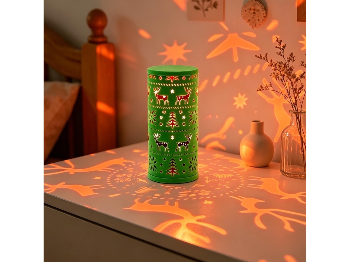 Luminária De Natal Com Projeção Árvore Renas Em Tecido Macio E