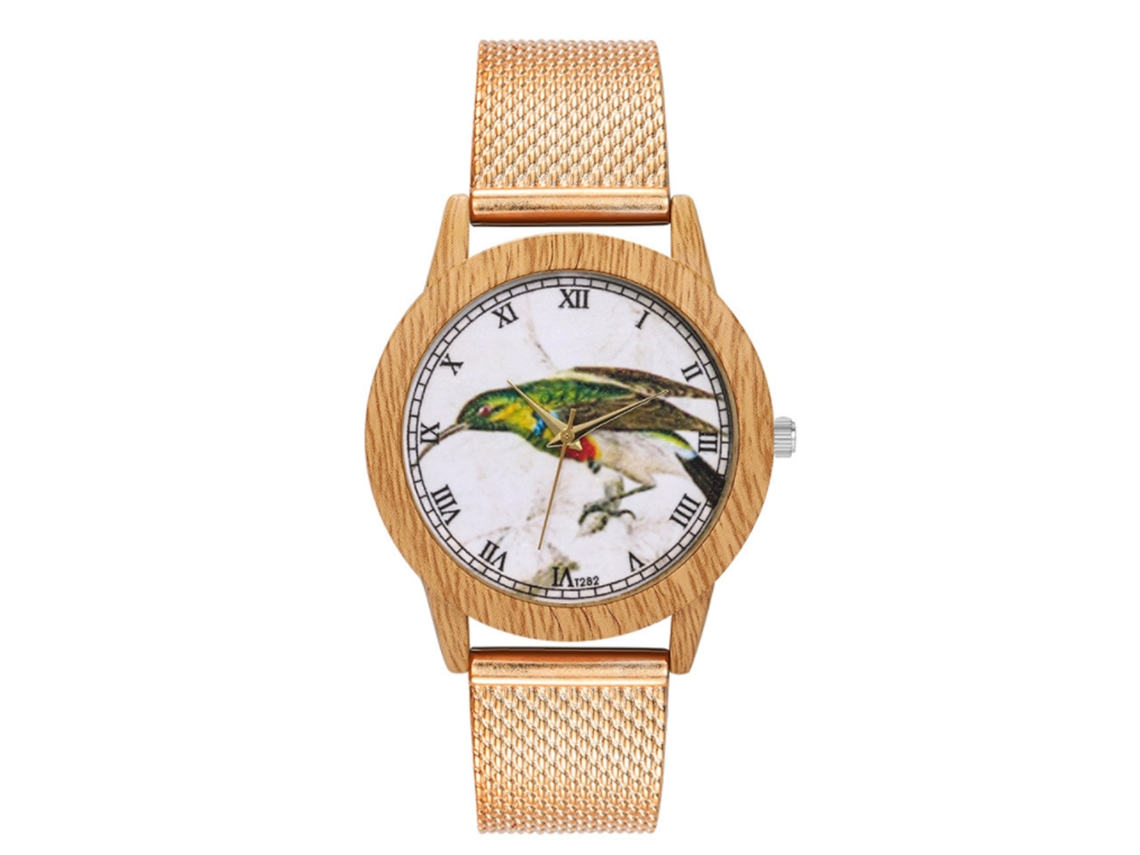 Relógio de quartzo unissex com estampa de pássaros e escala romana, pulseira em ouro rosa.