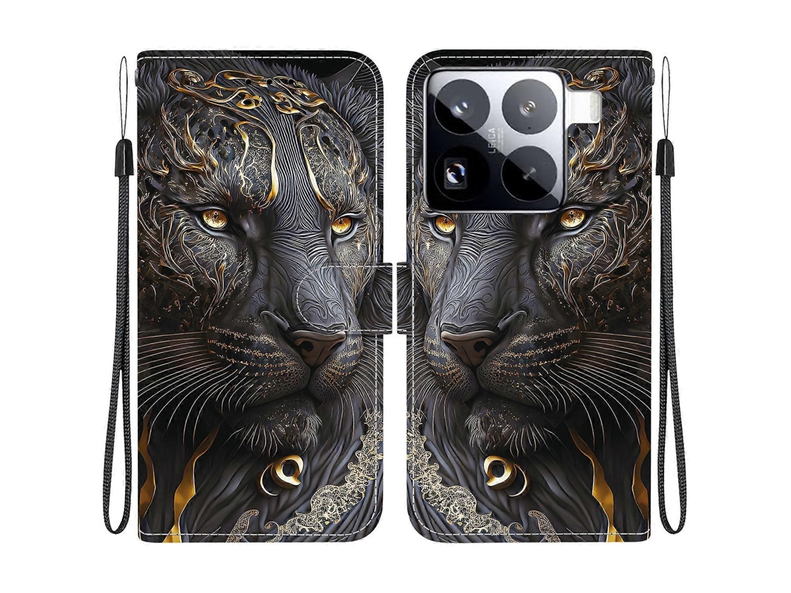 Capa De Couro Tkdaddy Para Xiaomi 15 Pro Com Suporte, Carteira, Estampa, Capa Para Celular Com Alça De Pulso, Leão Preto Dourado