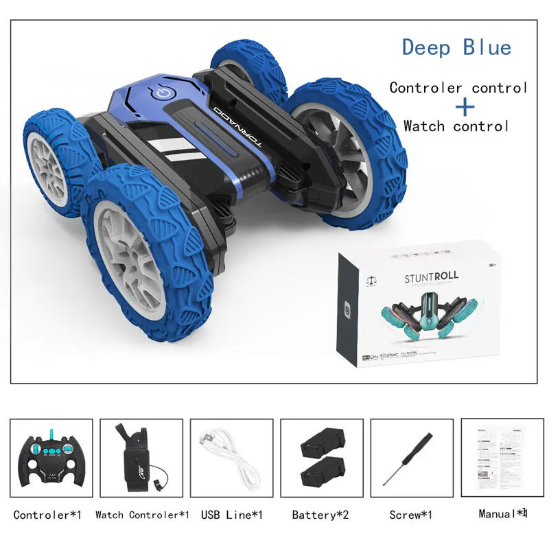 Carrinho de brinquedo com controle remoto, rotação de 360°, luzes LED brilhantes e música (controle duplo com 2 pilhas).