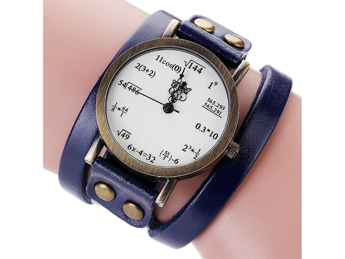 Relógio feminino CCQ com mostrador multicamadas com fórmula matemática e pulseira de PU azul.