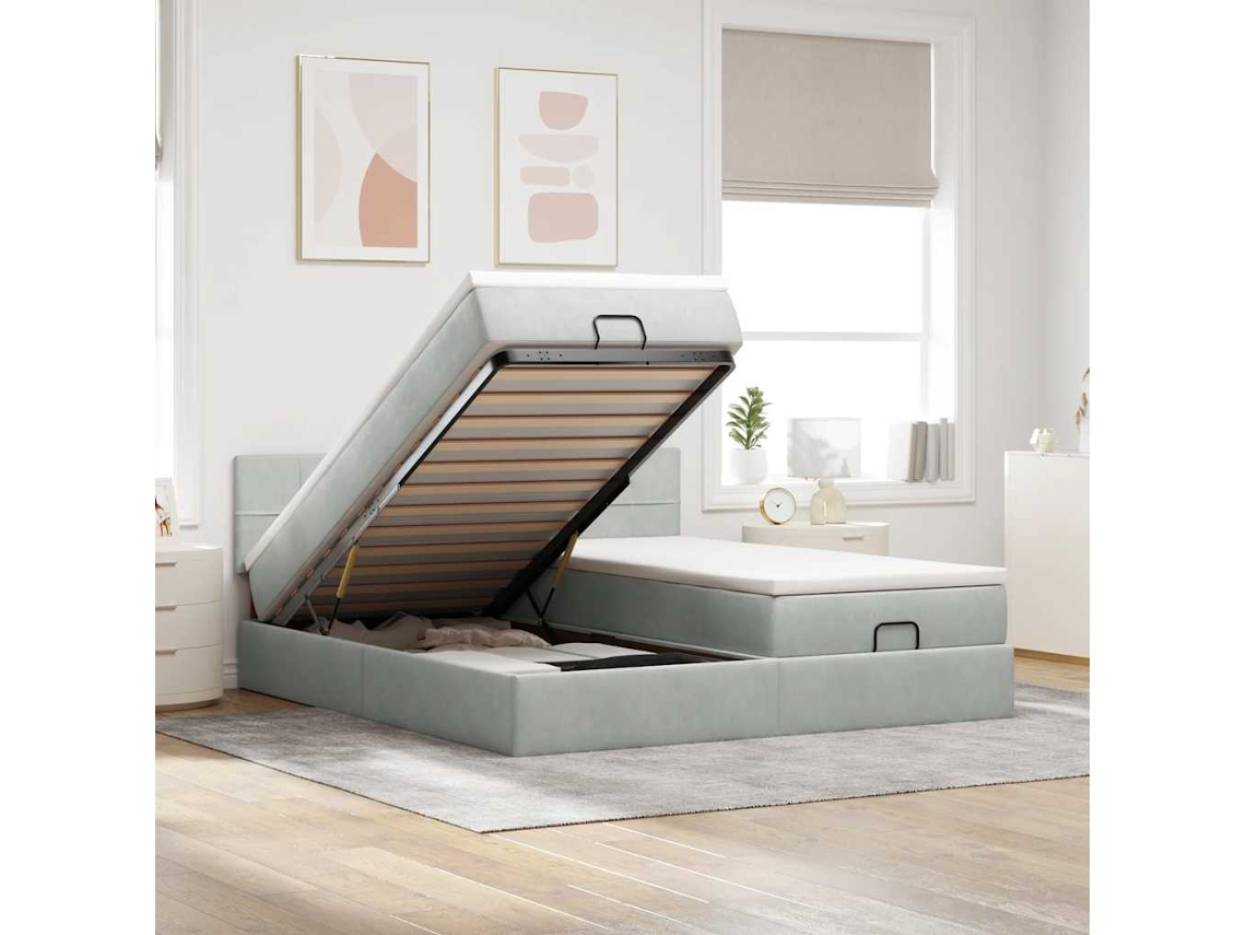 Vidaxl Estrutura Cama Otomana Colchões 200x200cm Veludo Cinzento Claro
