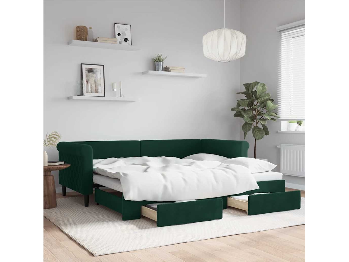 Cama De Solteiro | Camas Para Quarto | Sofá-cama C/ Gavetão E Gavetas 90x200 Cm Veludo Verde-escuro