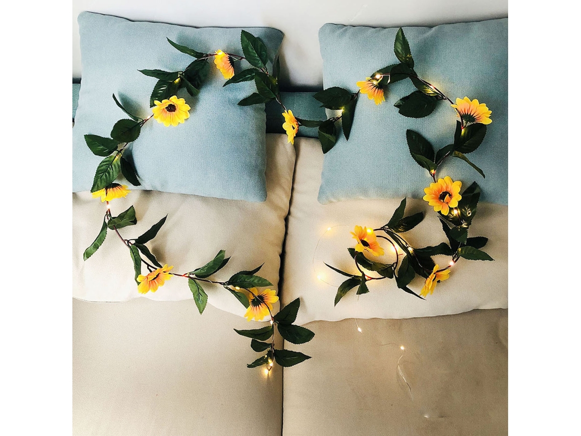 2026 luz de Cadena Con Girasoles Artificiales Y Hojas Verdes 30 Lámparas Luz Blanca Cálida Decoración de Habitación
