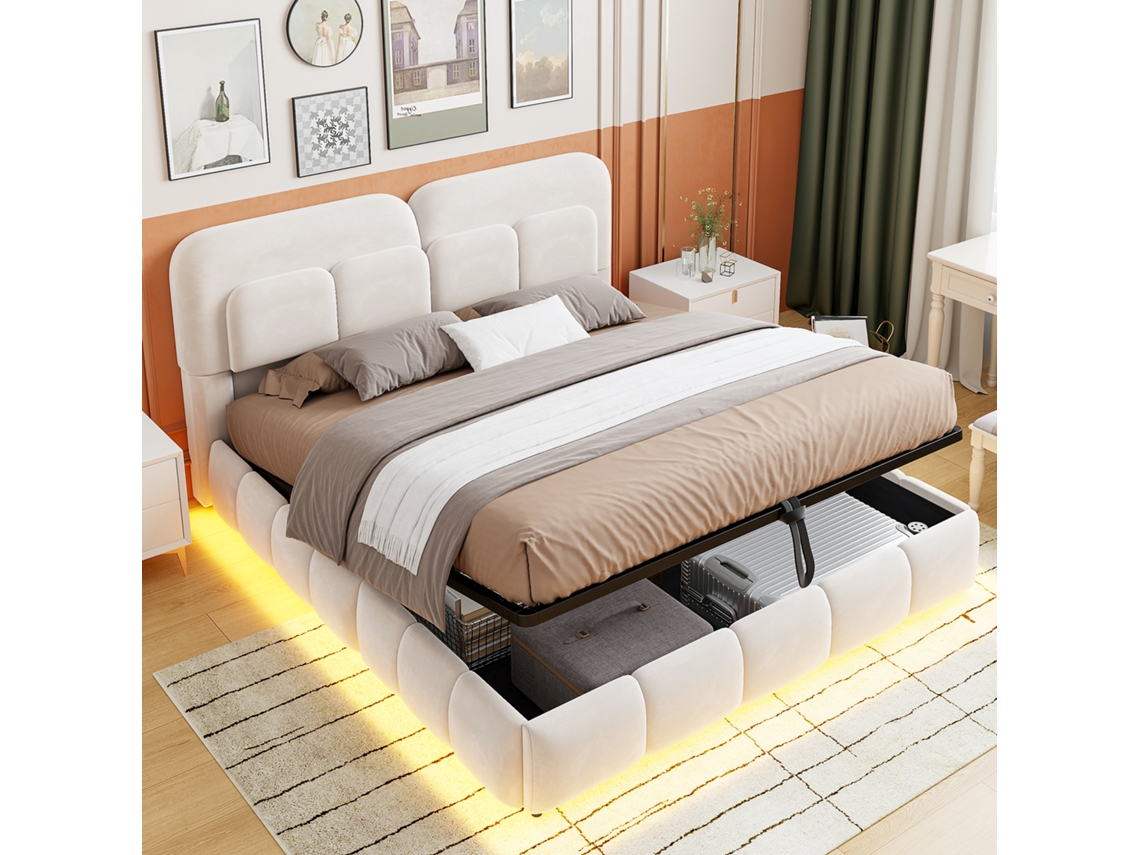 Cama Acolchoada Com Encosto Resistente Textil Aveludado Com Acabamento Na Cor Bege Tamanho 140 X 200 Cm E Manter