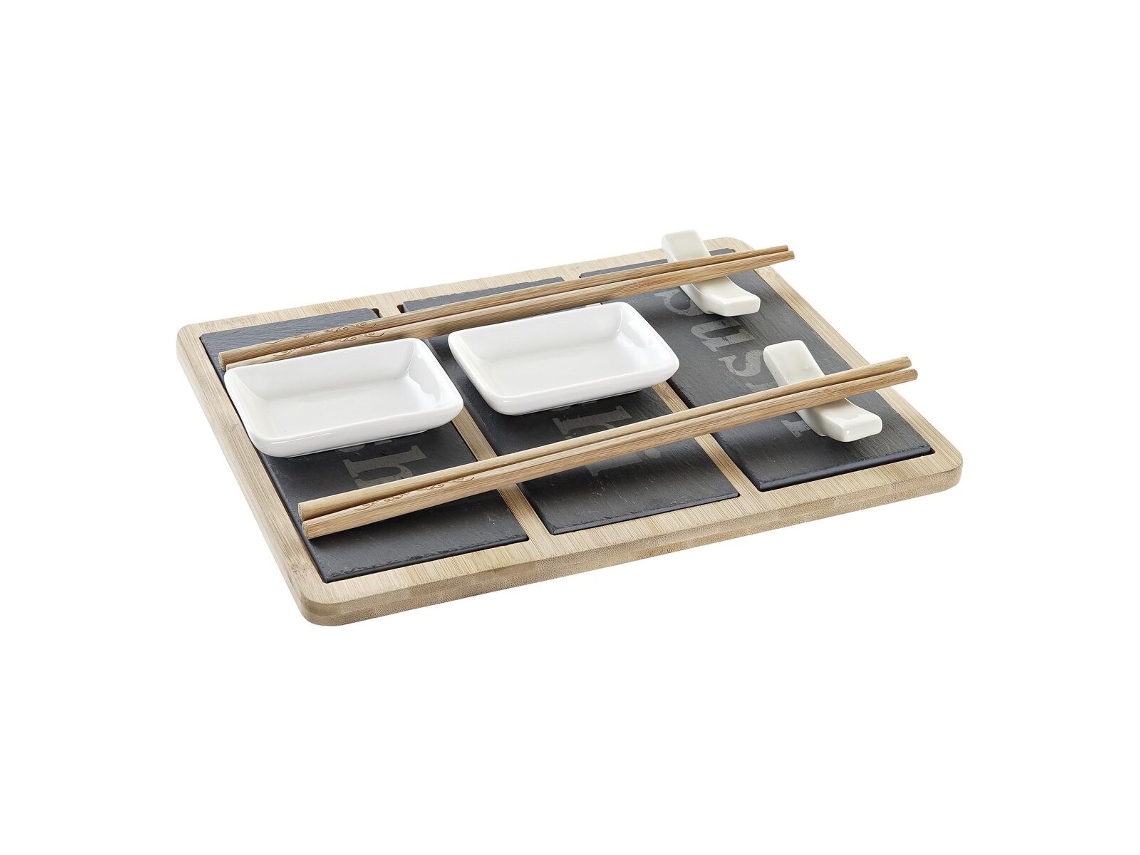 Conjunto De Sushi Dkd Home Decor Natural Preto Ardósia Bambu (25 X 19 X 3 Cm)