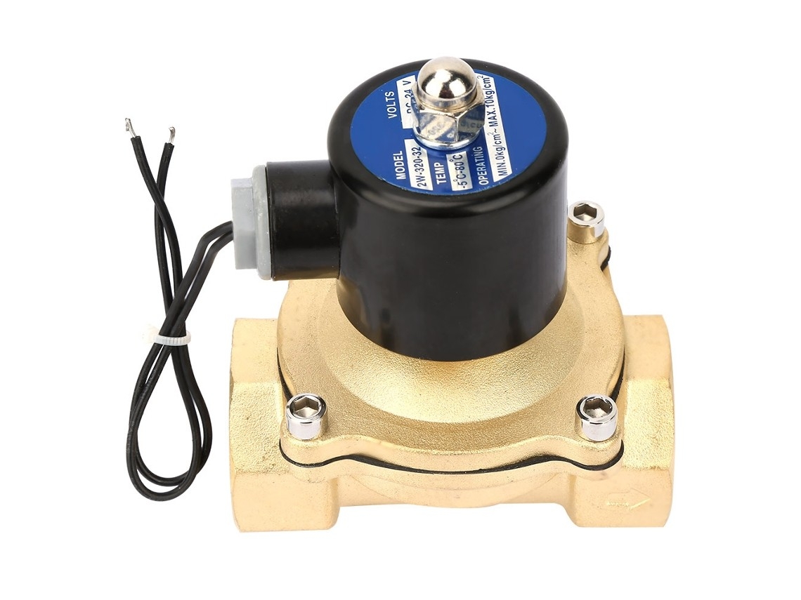 Válvula solenoide de latão DN32, normalmente datada, para água e gás, 24 V CC.