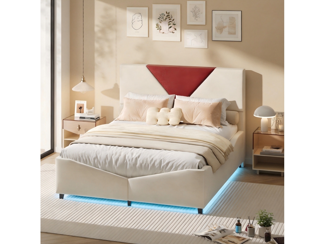 Cama hidráulica de armazenamento 140x190 cm, luz LED, veludo bege, adultos e adolescentes | ROSAHQNDA