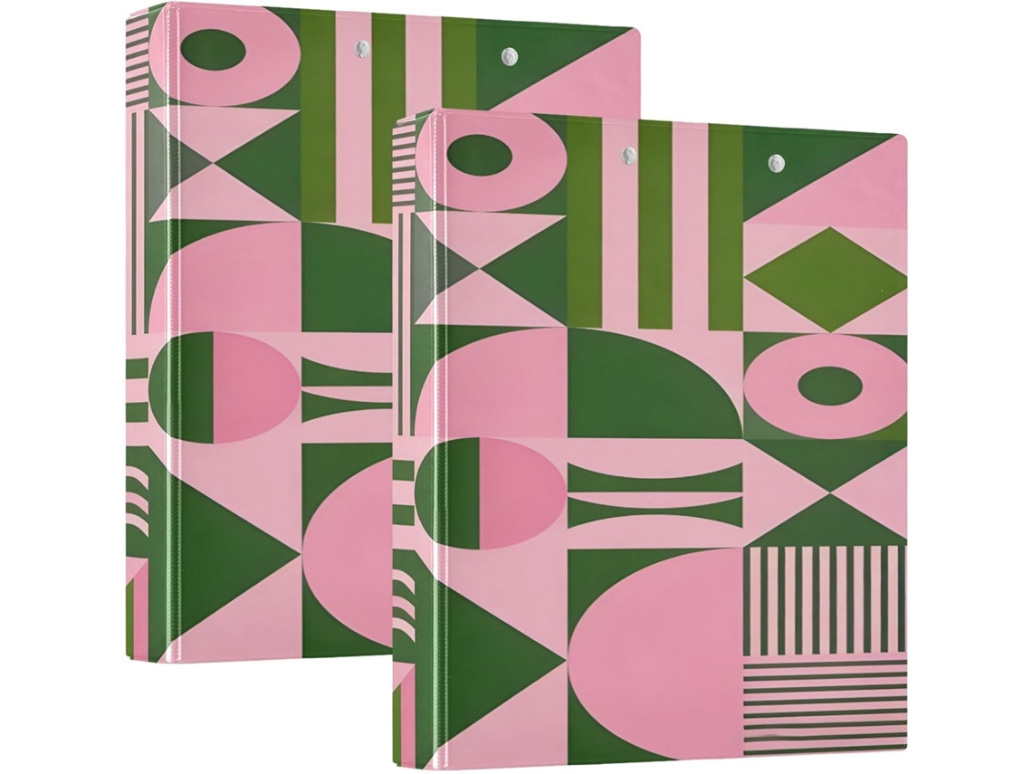 Pasta escolar moderna com formas abstratas, rosa e verde, de 3,8 cm x 1,5 polegadas, com três argolas e bolsos.