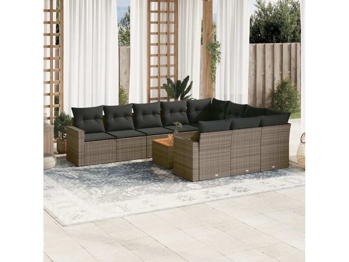 Vidaxl 11 Pcs Conjunto Sofás De Jardim C/ Almofadões Vime Pe Cinzento