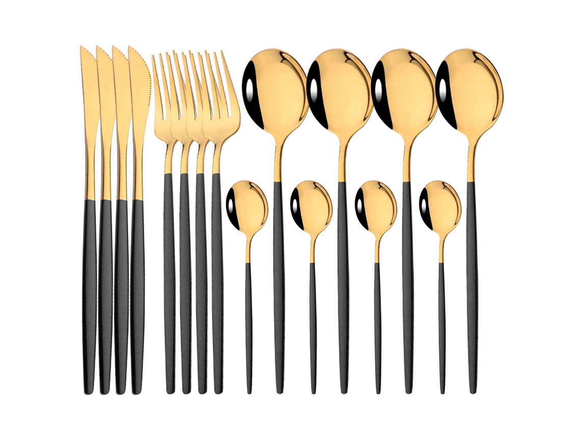 Conjunto de Talheres de 16 Peças, Talheres em Aço Inoxidável com Acabamento Espelhado, Garfo, Colher e Faca. MDUG (black Gold)