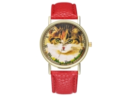 Relógio simples em couro PU para homens e mulheres com mostrador redondo e estampa de gato vermelho.