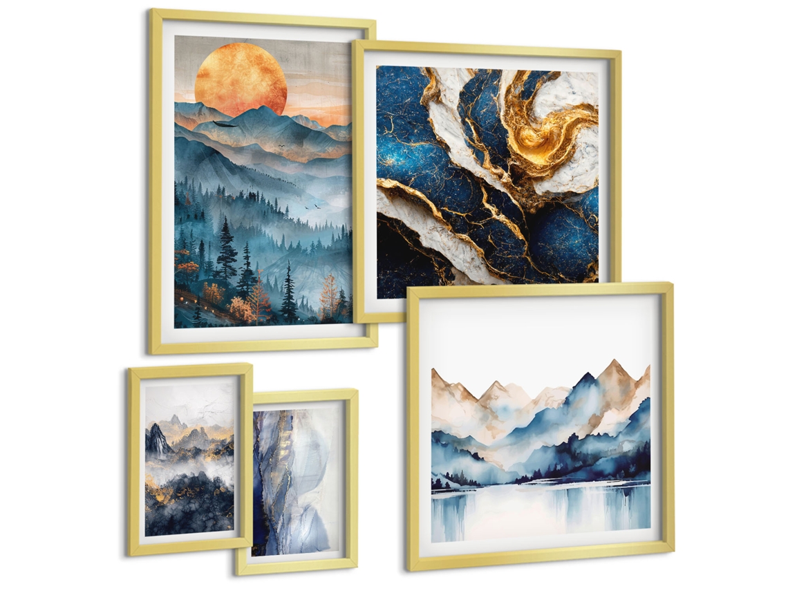 Quadros Decorativos Para Parede Limões Com Ervas E Folhas Moldura Dourada Pinturas De Quarto Espelharte (conjunto De 5 Imagens)