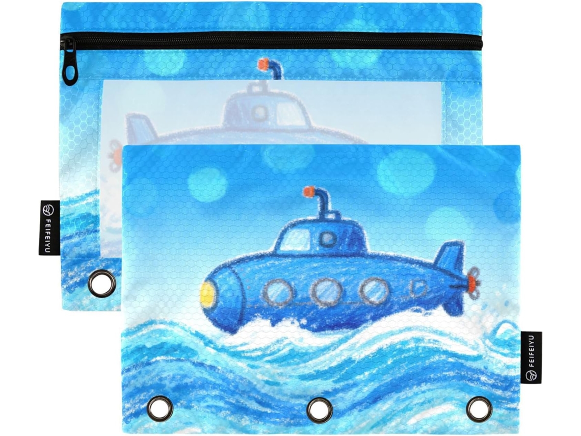 Estojo Lápis Com Desenho De Submarino Azul, Janela Transparente E Fecho De Zíper Estojo Grande Resistente Com 3 Argolas