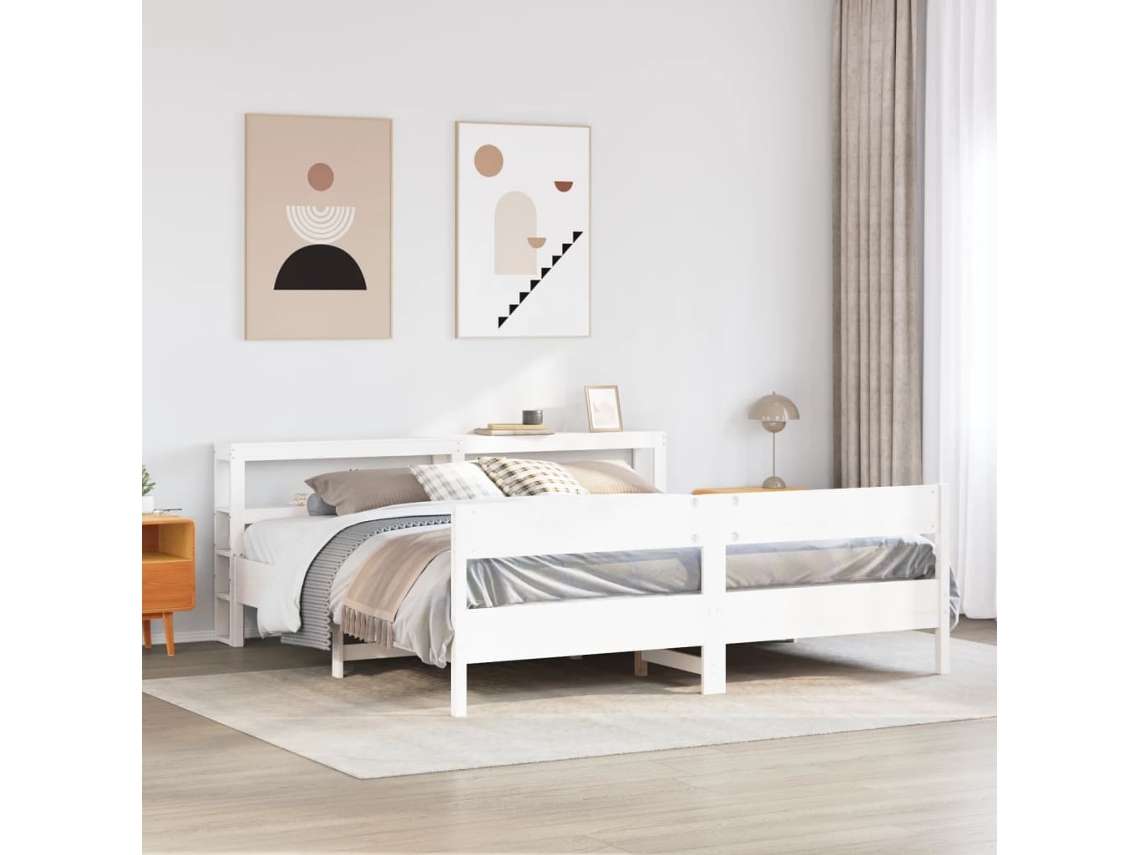 Cama Sem Colchão 200x200 Cm Madeira De Pinho Maciça Branco