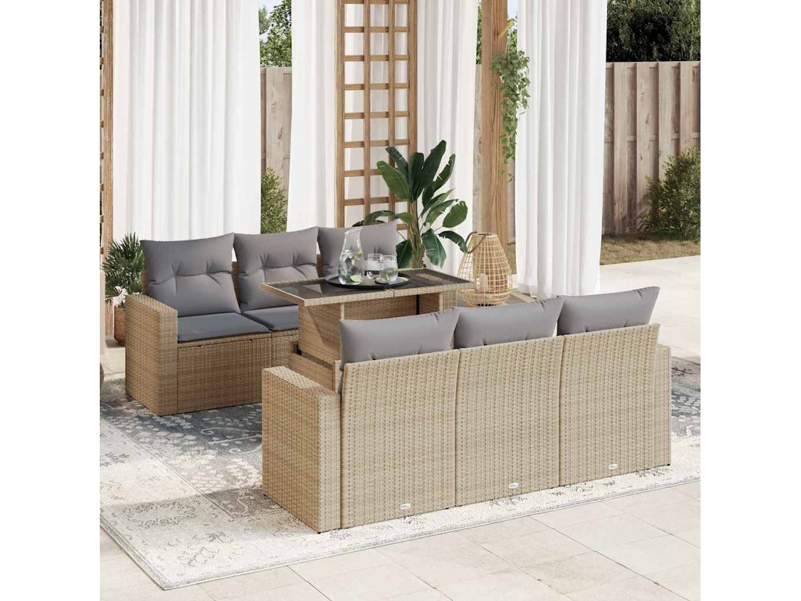 Vidaxl 7 Pcs Conjunto De Sofás P/ Jardim Com Almofadões Vime Pe Bege