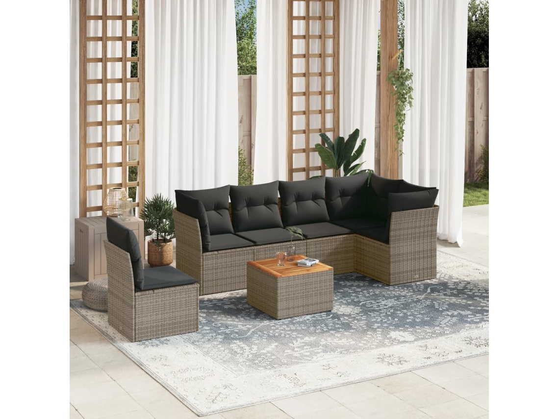 Jogo 7 Peças Sofás P/ Jardim C/ Almofadões Vime Pe Cinza Dkd Home Decor