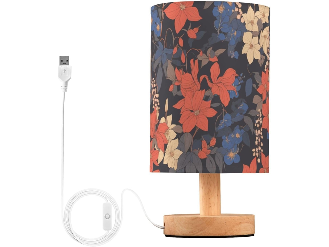 Abajur De Mesa Cilíndrico Retrô Com Flores Clematis Azuis E Vermelhas Porta Usb