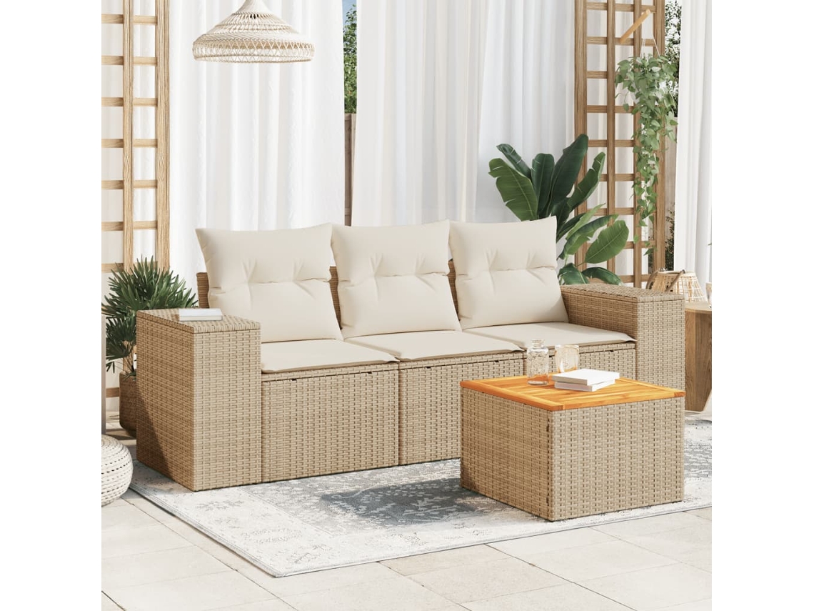 Vidaxl 4 Pcs Conjunto De Sofás Para Jardim C/ Almofadões Vime Pe Bege