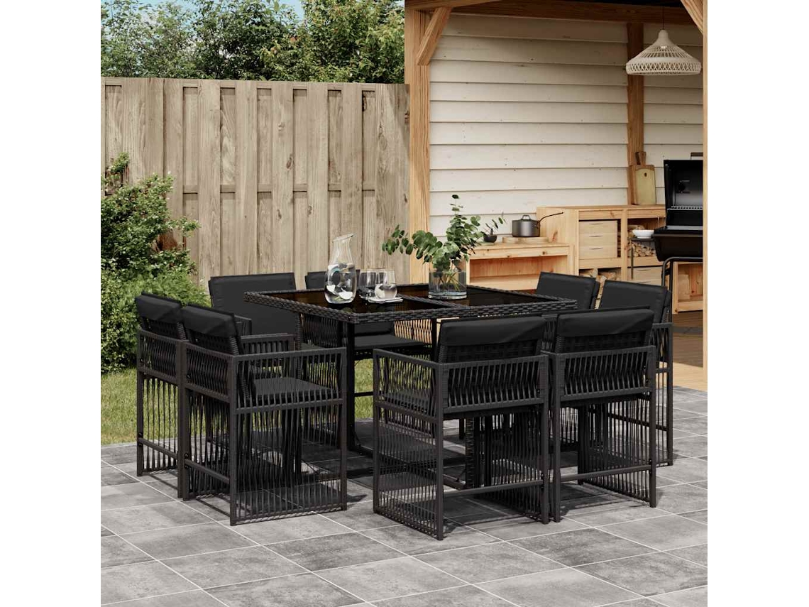 Vidaxl 9 Pcs Conjunto de Jantar P/ Jardim C/ Almofadões Vime Pe Preto