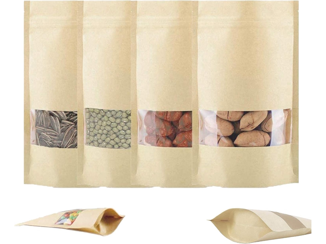 Saco De Papel Kraft Com Zíper, 50 Unidades Com Janela Transparente