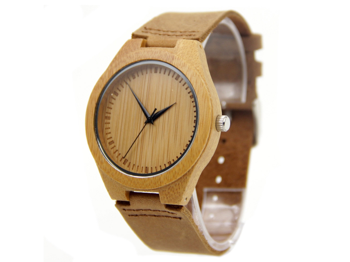 Relógio de Pulso Masculino Casual de Quartzo com Caso de Bambu e Pulseira Pu 1