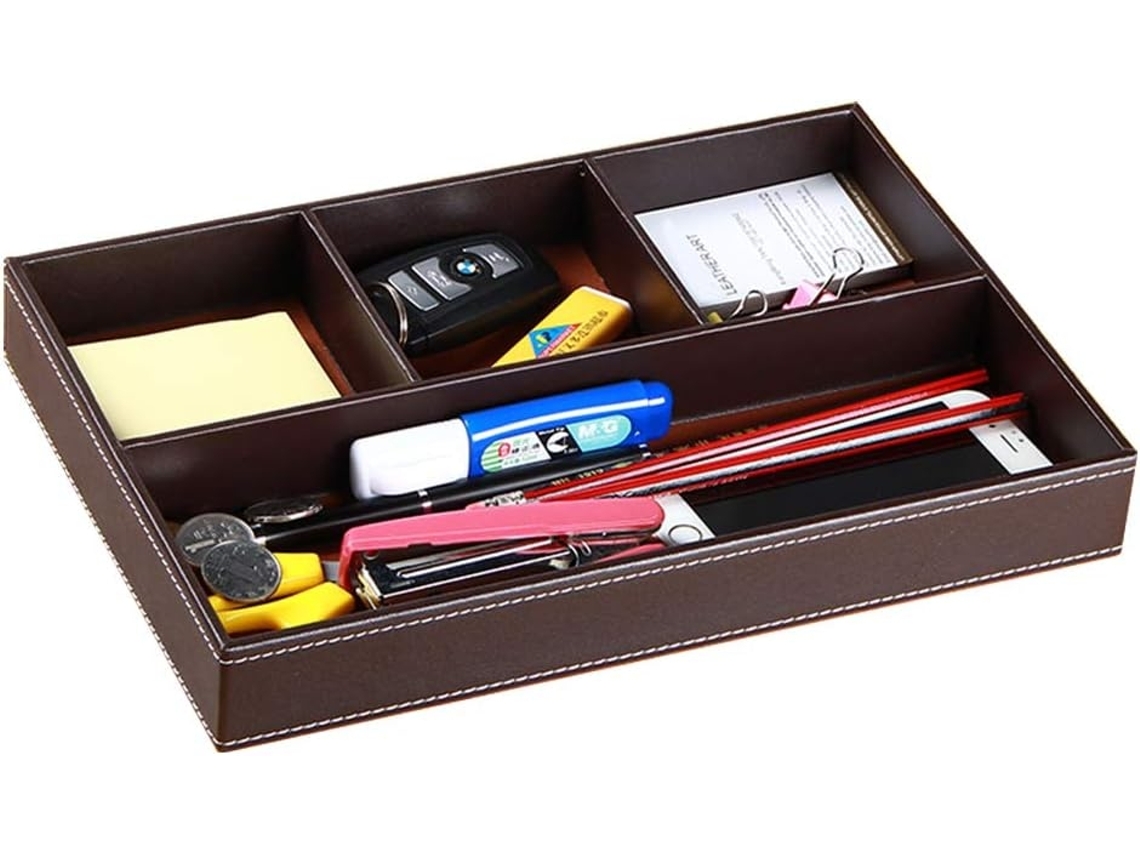 Organizador de gavetas, mesa de cabeceira masculina, bandejas de manobrista, acessórios de mesa de couro sintético, organizador de 4 compartimentos Slowmoose