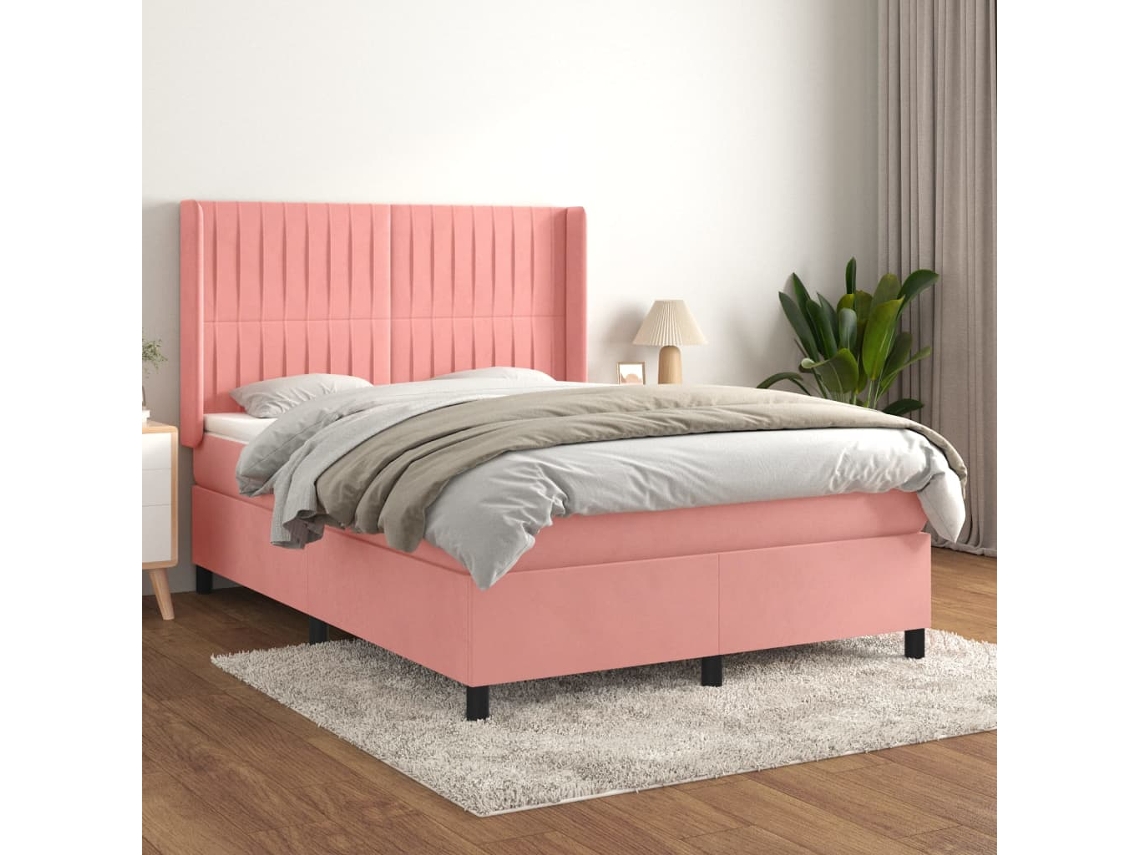 Vidaxl Cama Com Molas/colchão 140x200 Cm Veludo Rosa