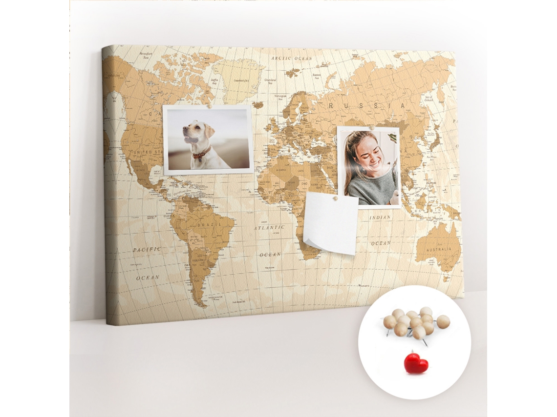Painel De Cortiça Para Parede Mapa-múndi Político Para O Corredor Espelharte (60x40 Cm)