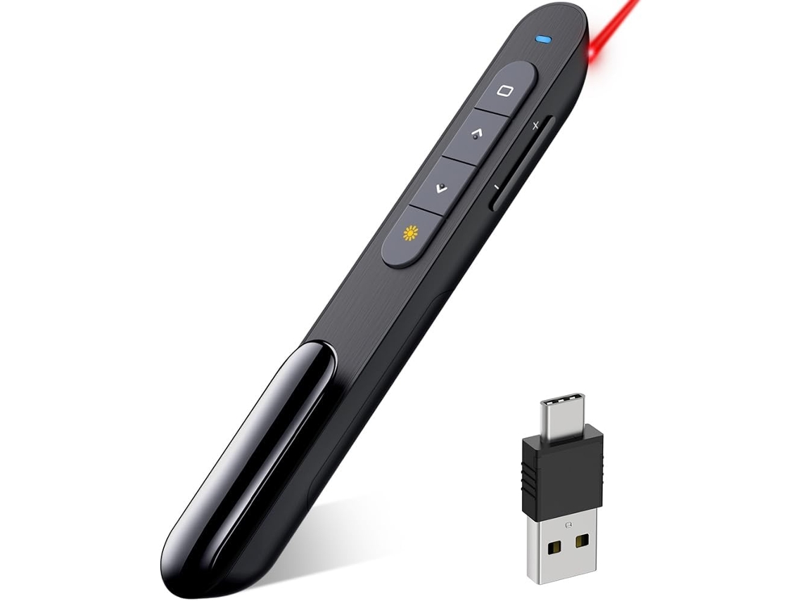 Comando de Apresentação Sem Fios ZRUXE Usb c/a Longo Alcance Ponteiro Laser Vermelho Controlo de Volume Ideal para Powerpoint Mac Pc Preto