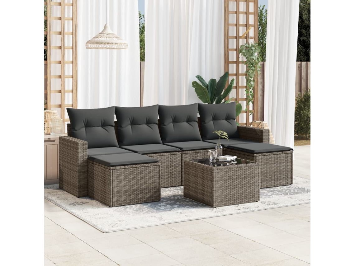 Vidaxl 7 Pcs Conjunto Sofás P/ Jardim C/ Almofadões Vime Pe Cinzento