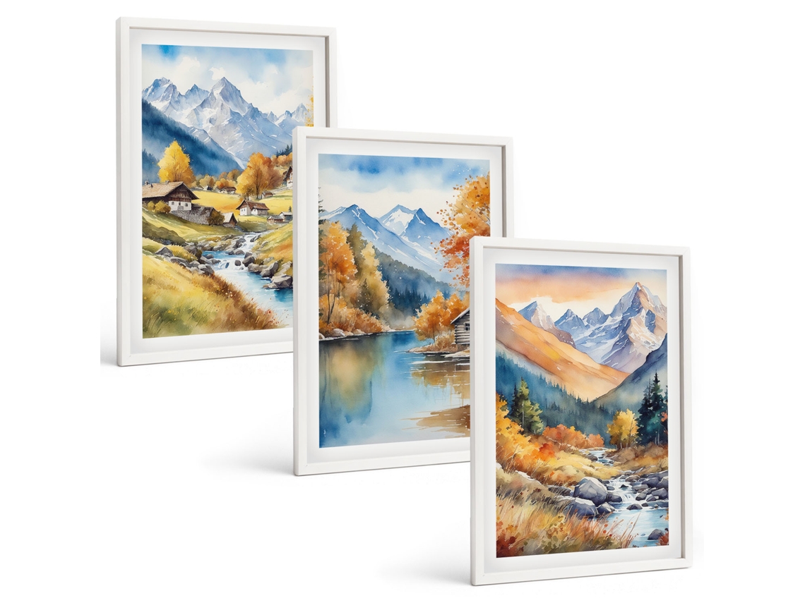 Galeria De Pinturas Murais Montanhas De Outono, Rios, Chalés Moldura Branca Fotos Para O Escritório Espelharte (3 Piezas De 40x60 Cm)