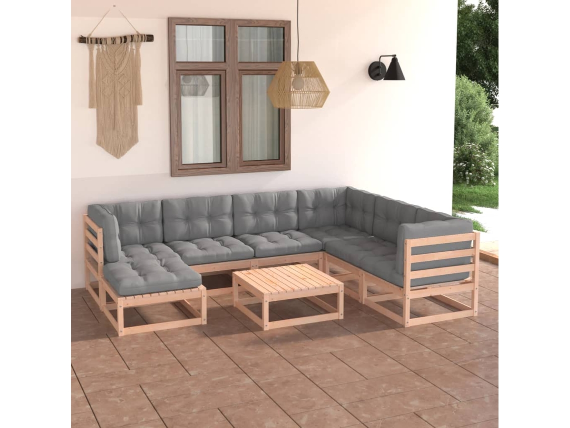 Conjunto Lounge Jardim 8 Peças C/ Almofadões Pinho Maciço Dkd Home Decor