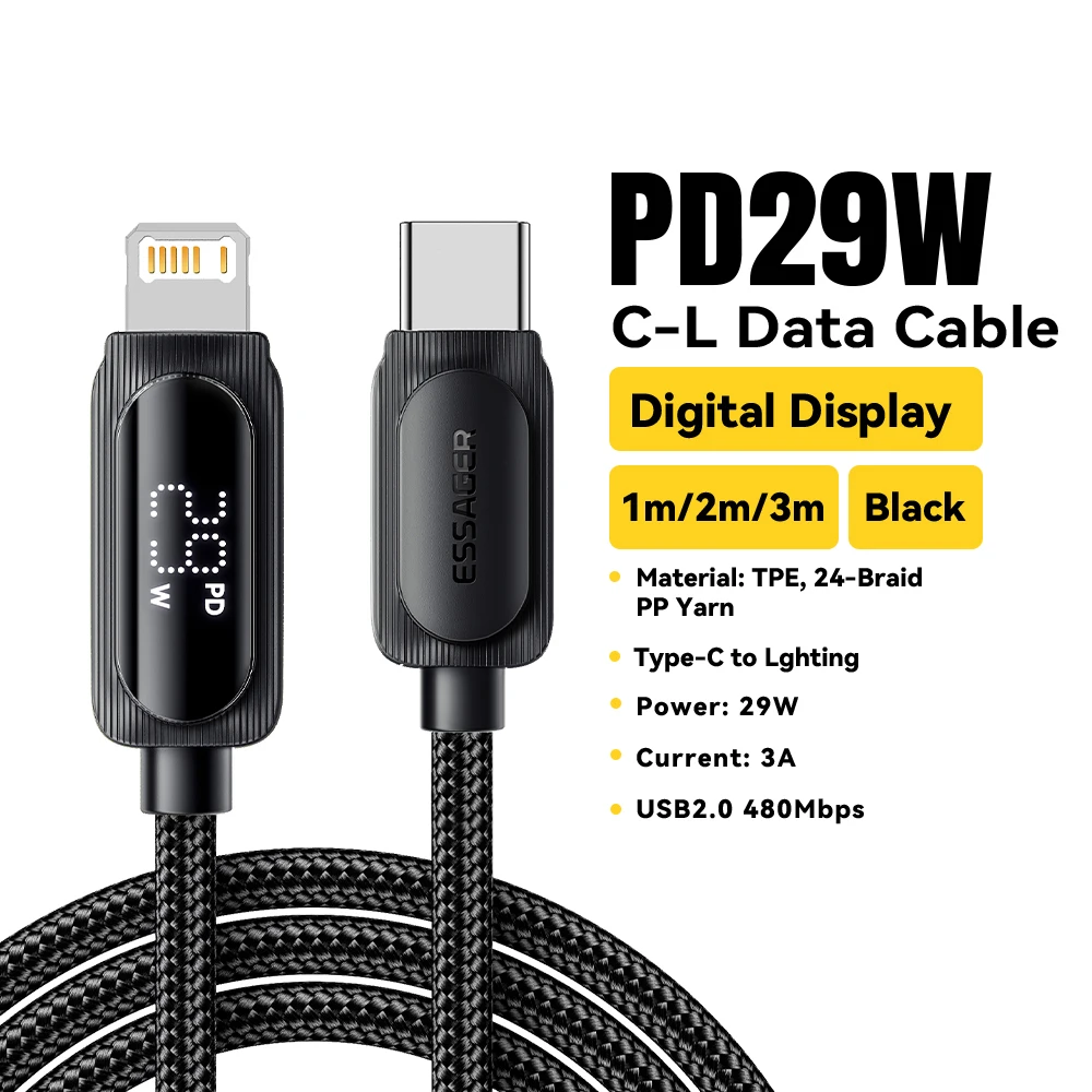 Cabo Usb c Pd 20w para Carregamento Rápido, Cabo Usb c 29w Preto AQUAFORGE