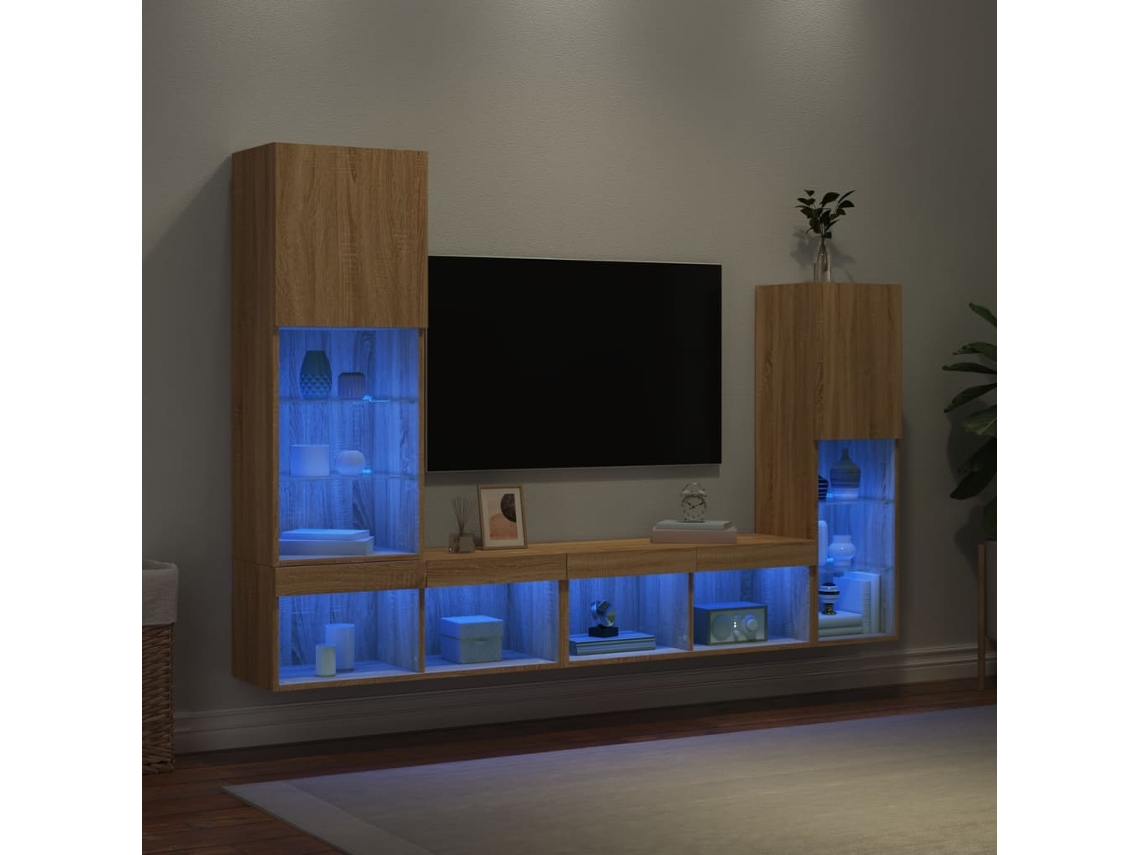 Vidaxl 4pcs Móveis Parede P/ Tv C/ Leds Deriv. Madeira Carvalho Sonoma