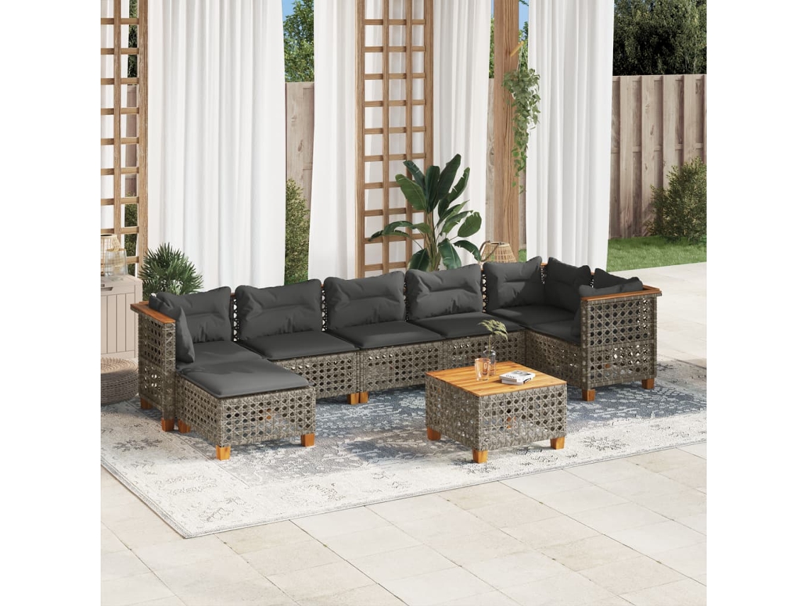 Vidaxl 8 Pcs Conjunto Sofás De Jardim C/ Almofadões Vime Pe Cinzento