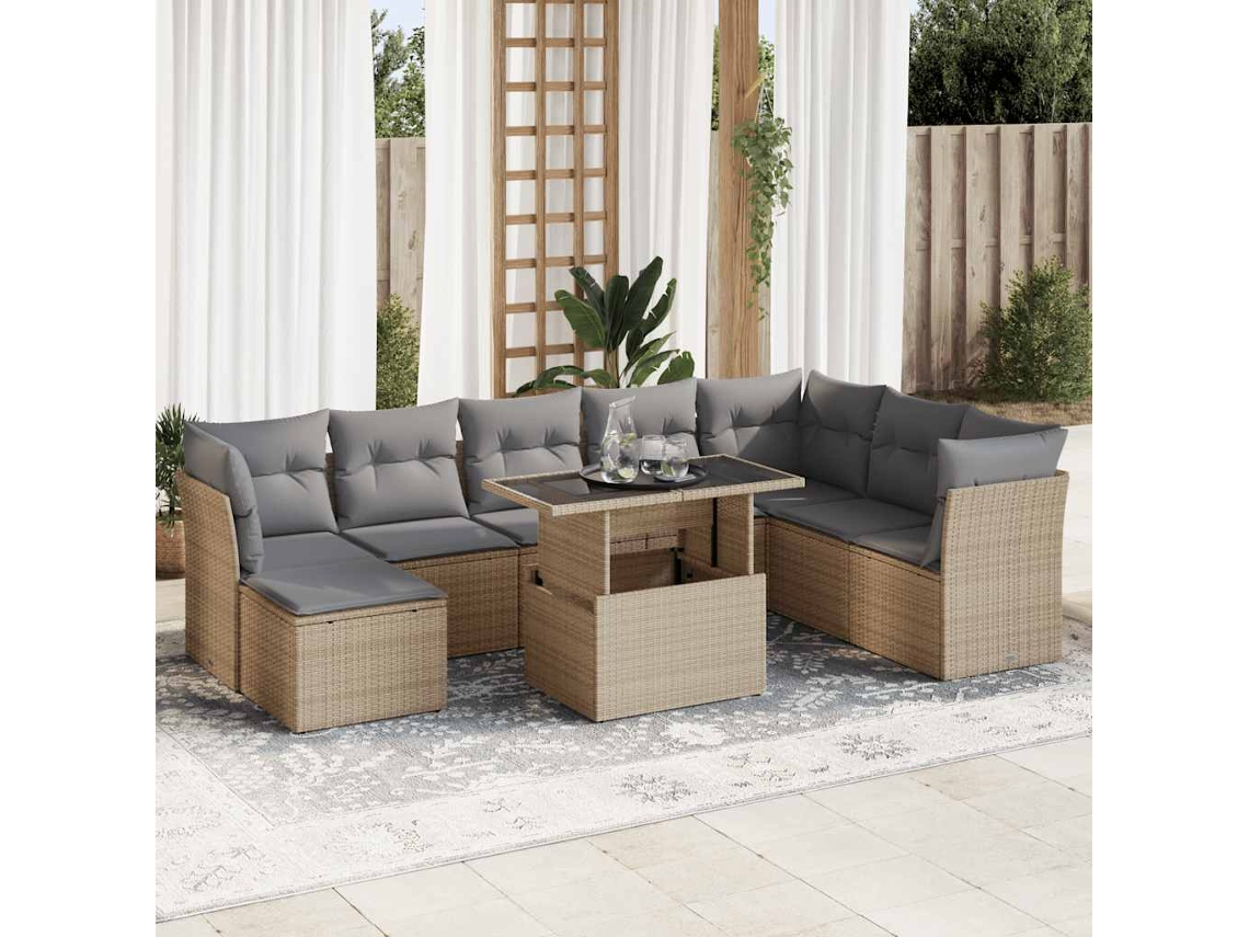 Vidaxl 9 Pcs Conjunto de Sofás P/ Jardim com Almofadões Vime Pe Bege