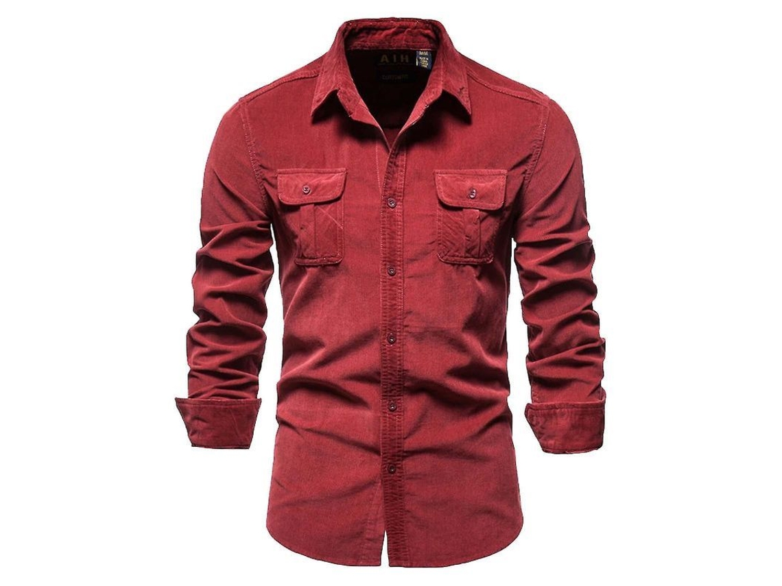 Fasst camisa Casual Slim Fit de Pana de Algodón para Hombre Con Manga Larga Y Cuello Abotonado