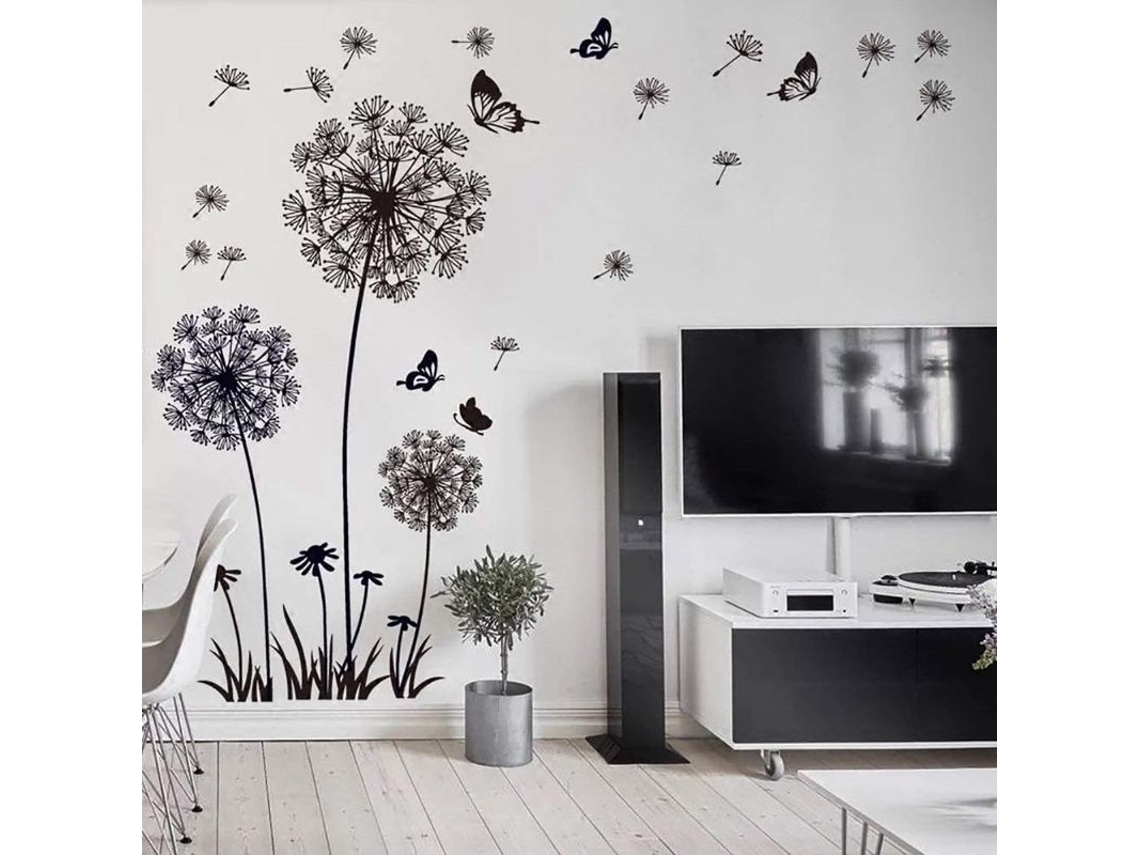 Stickers De Parede Linjou Flores De Dandelion Preto 150x114cm Borboletas Plantas Ramo Árvore