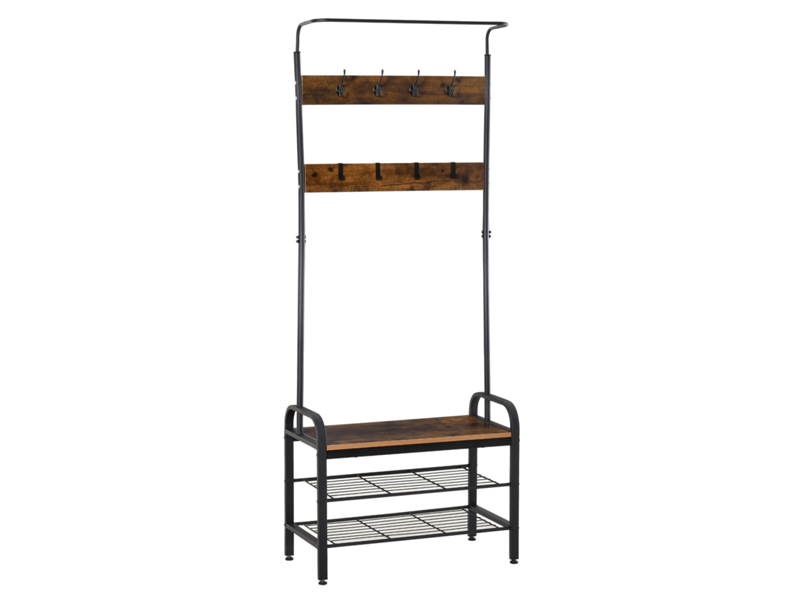 Cabo de guarda roupa com prateleira para sapatos, suporte com 8 ganchos e 2 prateleiras, MDF preto, 72x34x185cm BTFORUS